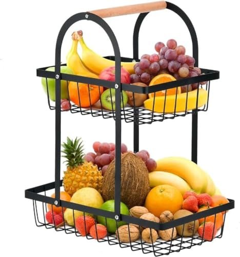 SAGEWARE 2-Tier Metal Fruit Basket with Wooden Handle – Black - Image 2