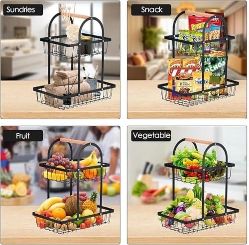 SAGEWARE 2-Tier Metal Fruit Basket with Wooden Handle – Black - Image 7