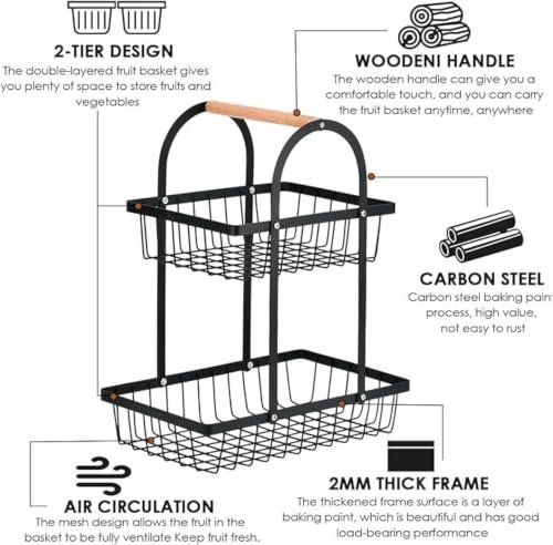 SAGEWARE 2-Tier Metal Fruit Basket with Wooden Handle – Black - Image 6