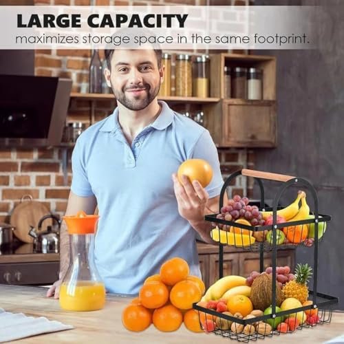 SAGEWARE 2-Tier Metal Fruit Basket with Wooden Handle – Black - Image 3