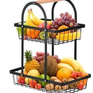 SAGEWARE 2-Tier Metal Fruit Basket with Wooden Handle β Black